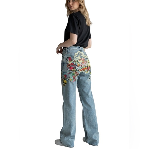 NEW Ed Hardy Tattoo Koi Baggy Jeans Y2K Paint Splatter Multicolor Womens Size 30 - Picture 16 of 16